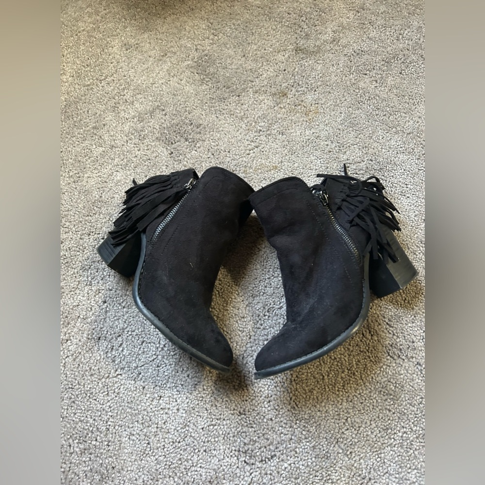 Black suede with fringe heel booties size 6.5